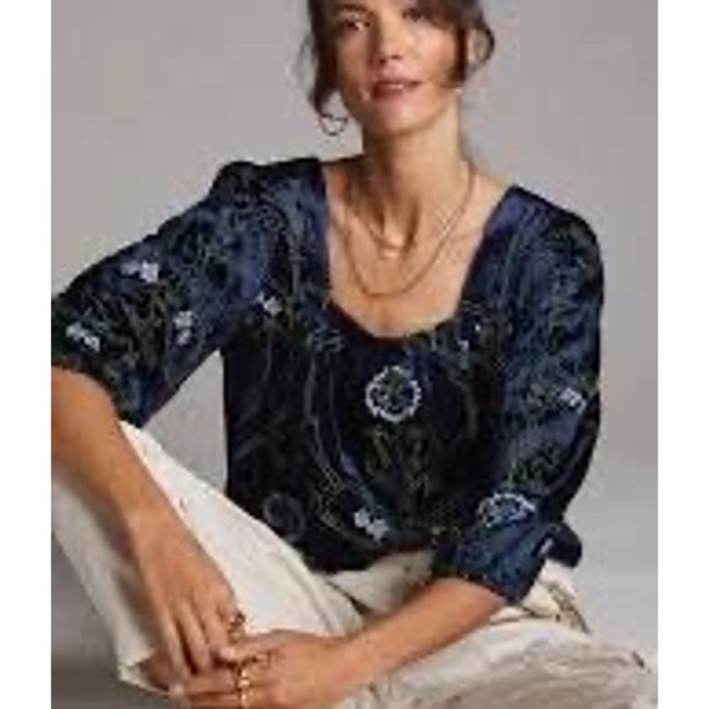 Anthropologie Navy Blue Velvet Floral Embroidered Square Neck Blouse M